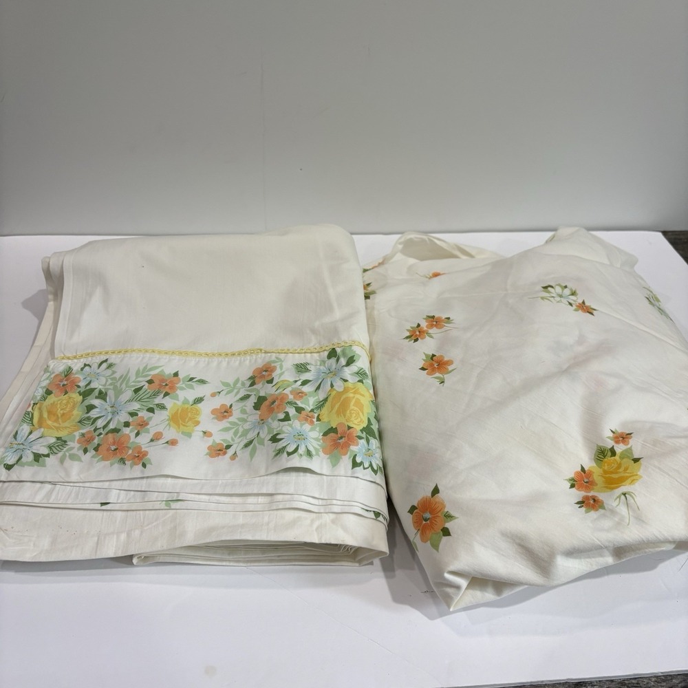Vtg Springmaid Combed Percale Sheet Set Twin Flat Fitted Yellow Orange Flowers